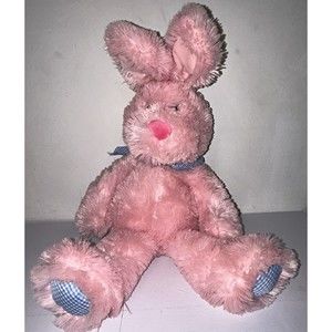 Vintage 18" Standing Caltoy Plush Pink Bunny Blue Checkered Feet & Bandana